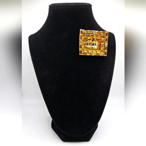 VINTAGE 3 Dimensional Rectangular Stepped  Brooch Gold Orange Yellow - Picture 1 of 8